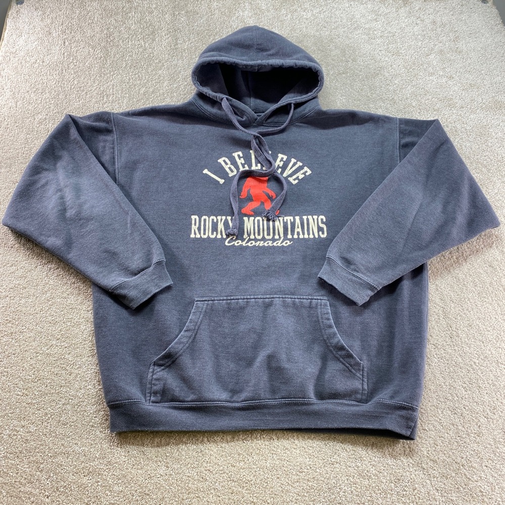 Ouray Sportswear Hoodie Mens‎ XL Blue I Believe Rocky Mountains Colorado Bigfoot